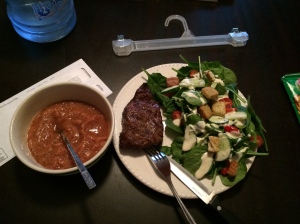Healthy dinner: 4oz ribeye on the grill with a big salad and my own yummy apple, pear, plum puree!