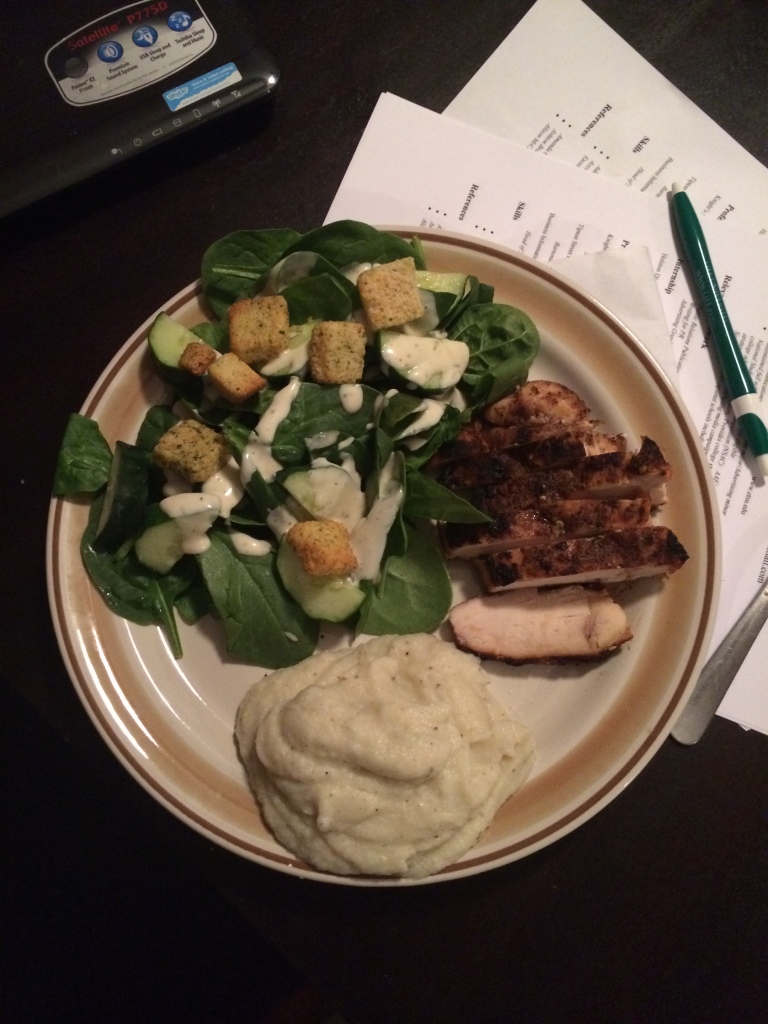 Grilled chicken with a spinach and cucumber salad and MASHED FAUXTATOES!!!  Try them!  Don't be scared!